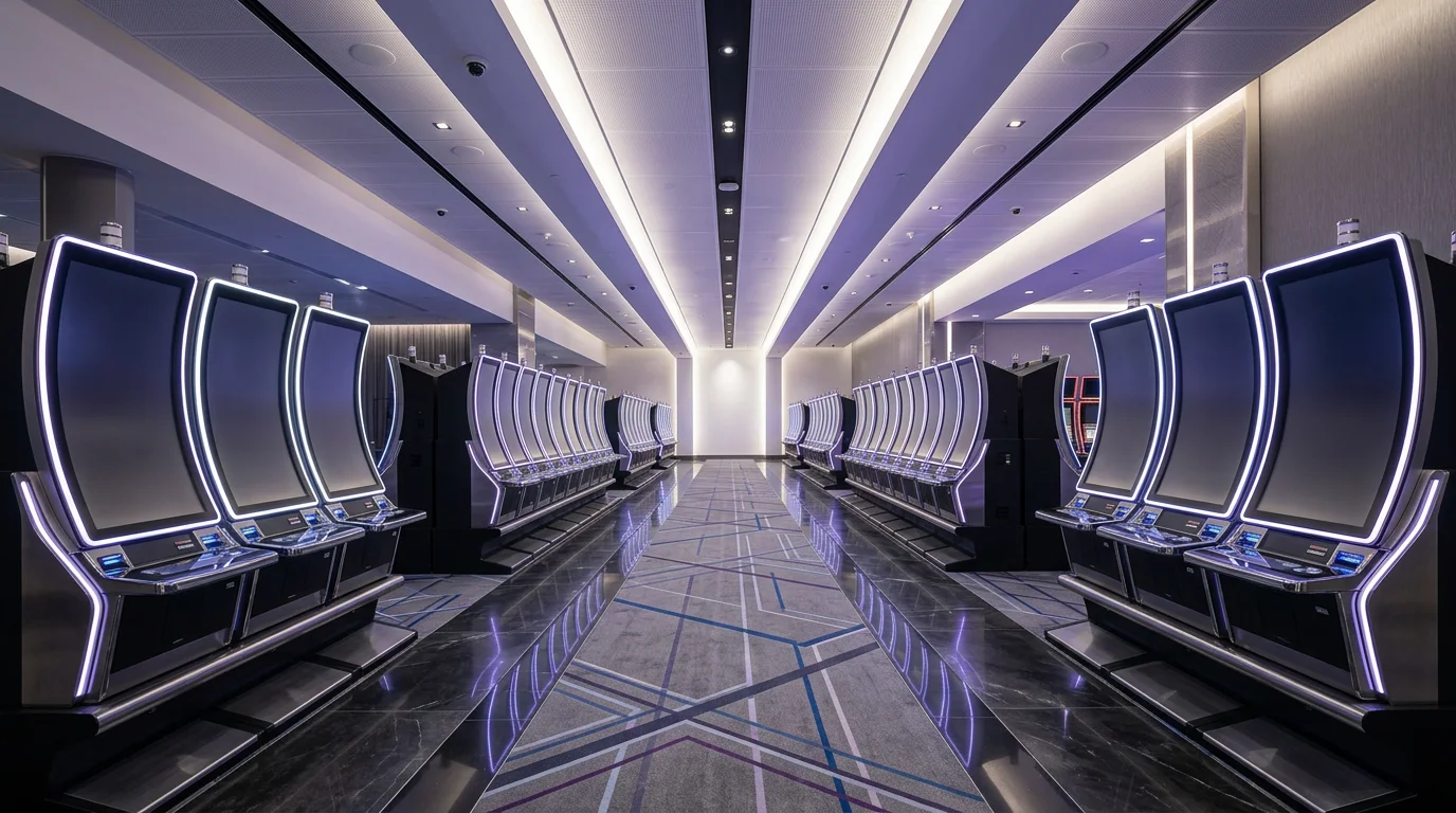An empty aisle on a modern casino floor, rows of curved slot machine screens with violet edge lighting receding into the distance