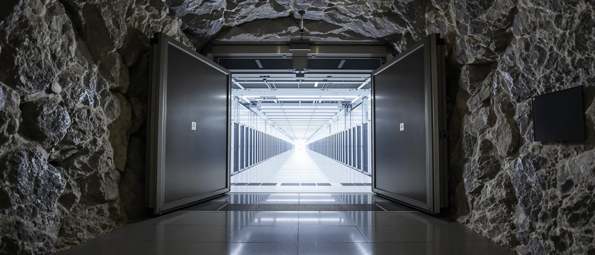 Open steel blast doors in a rock tunnel leading into a bright underground hall of server racks