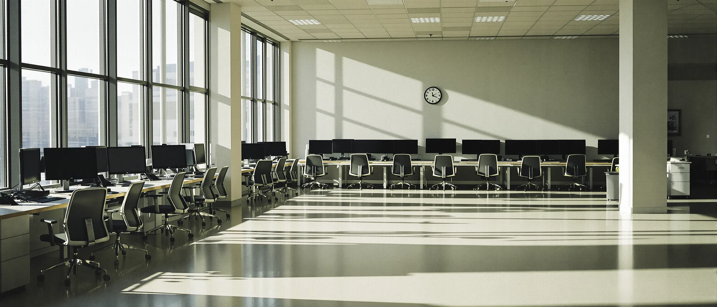 A quiet, empty operations room in morning light, rows of desks with their monitors switched off
