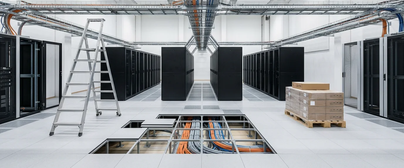 A bright new data hall being fitted out, with server racks going in, raised floor tiles lifted, a ladder and boxed equipment on a pallet